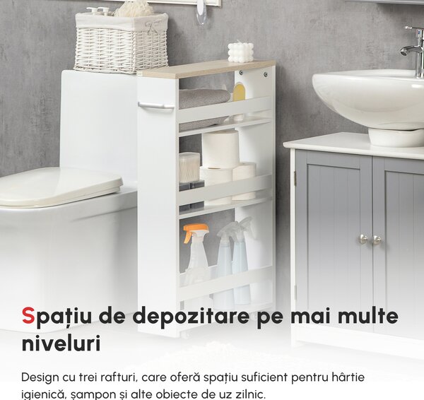 Kleankin Rafturi Baie Rezistente la Apă cu 3 Niveluri și Roți, Organizator din MDF, PAL, PP, Alb, Ideal pentru Depozitare | Aosom Romania