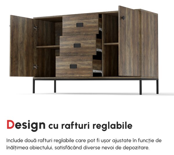Dulap Lateral HOMCOM Stil Industrial, pentru Depozitare, cu Sertare Rafturi Reglabile, Efect Vintage, Maro | Aosom Romania