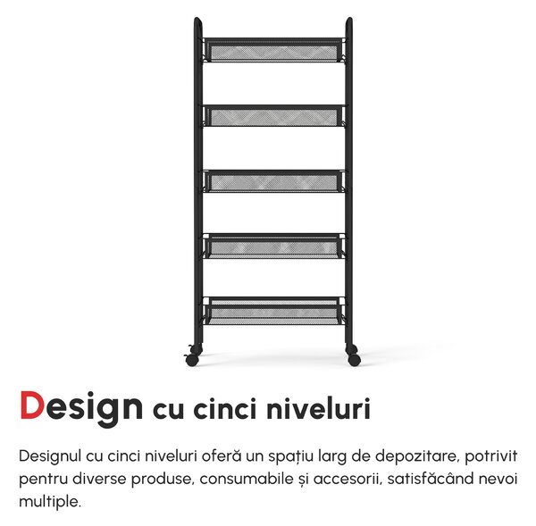 HOMCOM Cărucior de Bucătărie cu 5 Niveluri și Coșuri din Plasă, Soluție de Depozitare pentru Sufragerie, Design Modern | Aosom Romania