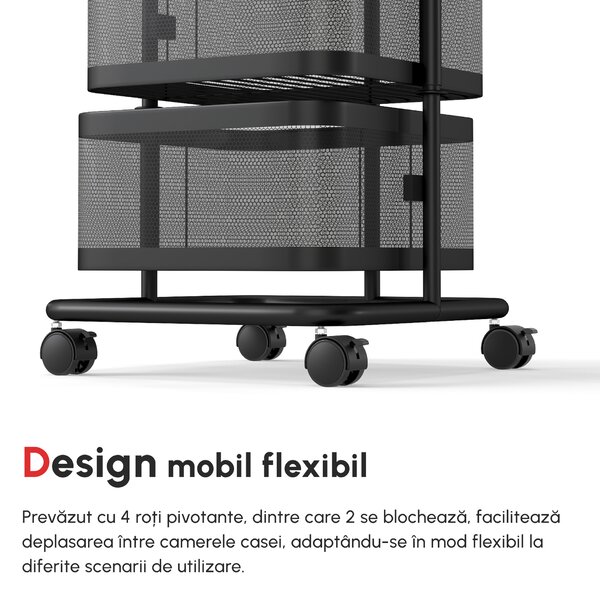 Carucior utilitar rulant cu cosuri metalice rotative, 4 niveluri de depozitare, otel si plastic PP, Negru 33x33x77cm HOMCOM | Aosom Romania