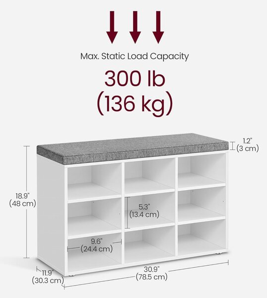 Bancuta hol cufar cu depozitare, Vasagle, Alb-Gri, 78.5x30.3x48 cm