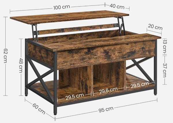 Masuta de cafea extensibila, Vasagle, Maro-Negru, 100x60x(48—62) cm