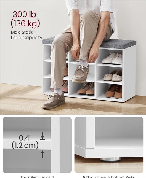 Bancuta hol cufar cu depozitare, Vasagle, Alb-Gri, 78.5x30.3x48 cm
