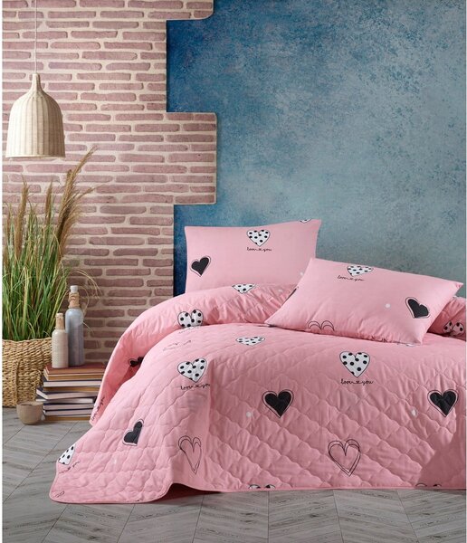 Cuvertură de pat cu 2 fețe de pernă din bumbac ranforce EnLora Home Hati, 225 x 240 cm, roz