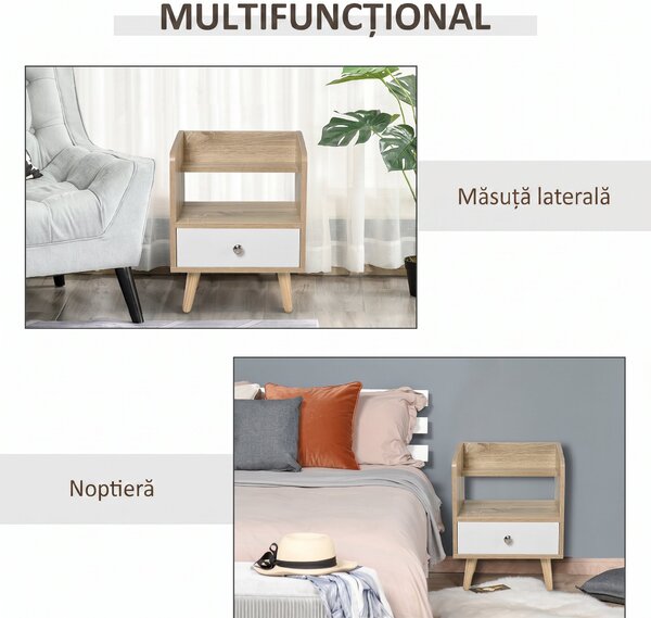 HOMCOM Noptieră cu Sertar și Raft, Mobilier Compact pentru Dormitor sau Sufragerie, Economie Spațiu, Lemn, Alb | Aosom Romania