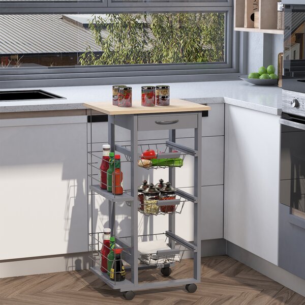 HOMCOM Carucior Bucatarie Multifunctional cu 3 Sertare Detasabile 2 Suporturi Sticle Lemn de Pin Metal 47x37x83cm Stejar Gri | Aosom Romania
