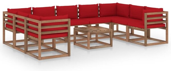 Set mobilier de grădină cu perne roșii, 10 piese