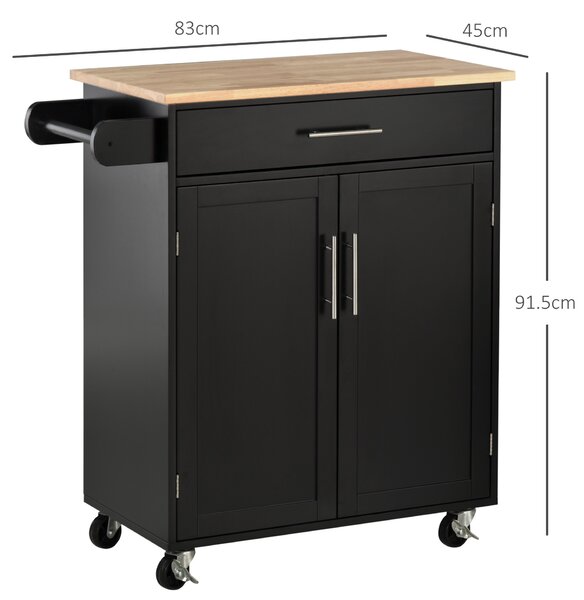 HOMCOM Cărucior de Bucătărie cu Sertar și Dulap cu 2 Uși, Insulă de Bucătărie cu roți și bară laterală, 83x45x91.5 cm, Negru | Aosom Romania