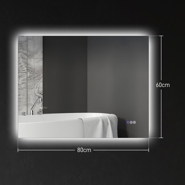 HOMCOM Oglindă de Baie LED cu Ramă, Anti-Abur, 3 Temperaturi de Culoare și Memorie, 80x60x4 cm, Transparent | Aosom Romania