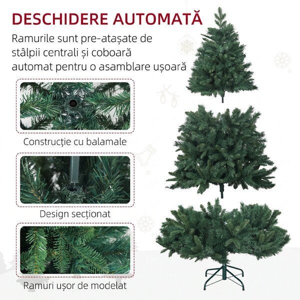 HOMCOM Pom de Crăciun Artificial, Brad Realist Pliabil cu Design cu Balamale și Bază Metalică, Ø102x180 cm, Verde | Aosom Romania