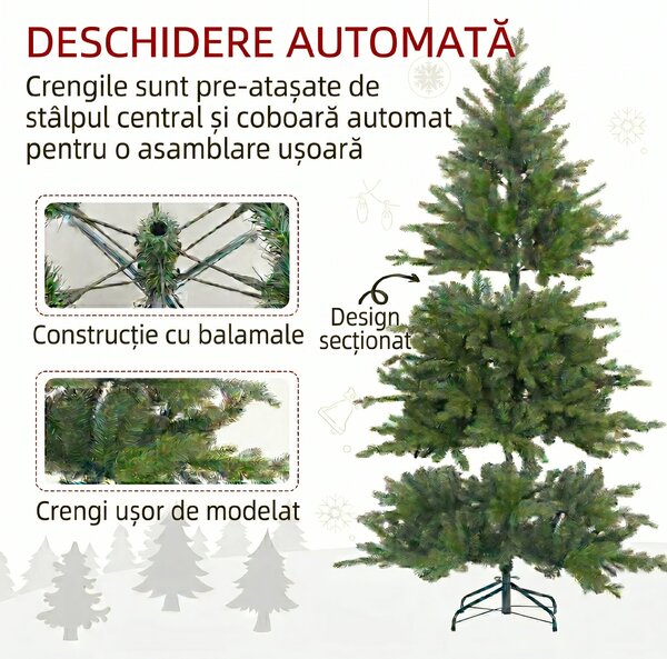 HOMCOM Brad de Crăciun Artificial cu 1821 Crengi, Brad de Crăciun Pliabil cu Bază Metalică, Ø117x180 cm, Verde | Aosom Romania