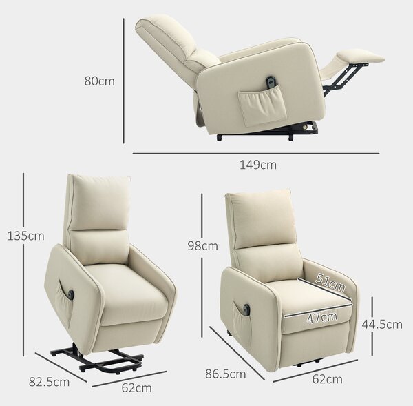 HOMCOM Fotoliu cu Ridicare Electrică la 135°, Telecomandă, Suport pentru Picioare și Buzunar Lateral, 62x86,5x98 cm, Bej | Aosom Romania
