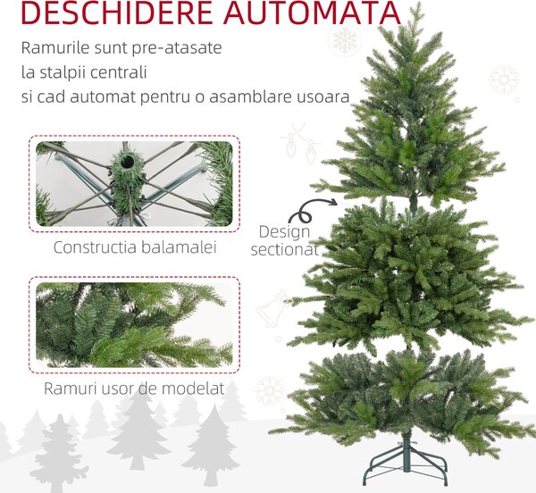 HOMCOM Brad de Crăciun Artificial cu 1821 Crengi, Brad de Crăciun Pliabil cu Bază Metalică, Ø117x180 cm, Verde | Aosom Romania