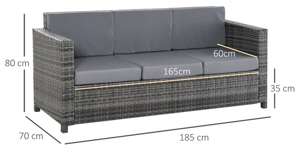 Outsunny Canapea de Exterior cu 3 Locuri din Ratan PE, Canapea cu Perne Detasabile și Structură Metalică pentru Grădină, Terasă și Balcon, 185x70x80 cm, Gri | Aosom Romania