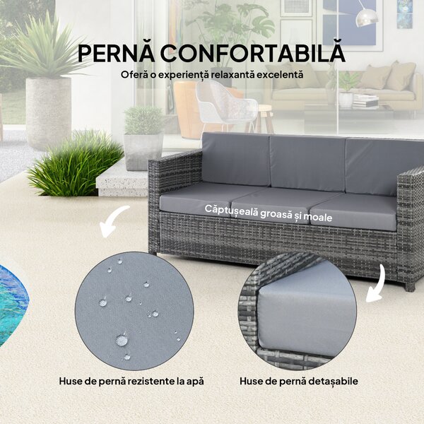 Outsunny Canapea de Exterior cu 3 Locuri din Ratan PE, Canapea cu Perne Detasabile și Structură Metalică pentru Grădină, Terasă și Balcon, 185x70x80 cm, Gri | Aosom Romania