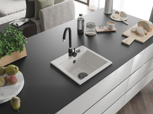 Mexen Milo, chiuveta granit 435x410x171 mm, 1 camera, alb cu sifon negru, 6505441000-20-B