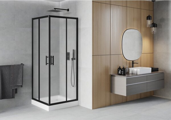 Mexen Rio, cabină de duș pătrată cu ușă glisantă 70(uşă) x 70(uşă) x 190 cm, sticlă mată 6mm, profil negru + cadă de duș albă RIO, 860-070-070-70-30-4510