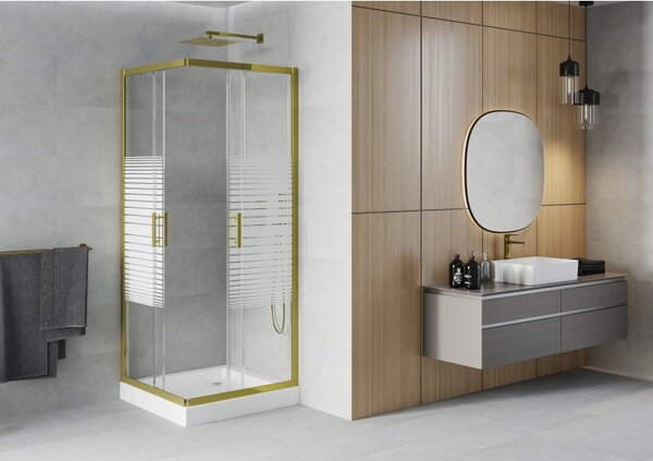 Mexen Rio, duș pătrat cu ușă glisantă 70(uşă) x 70(uşă) x 190 cm, sticlă transparentă 6mm cu benzi, profil auriu + cadă de duș albă RIO, 860-070-070-…