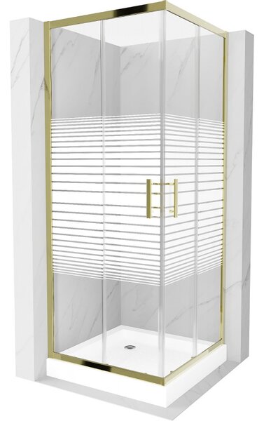 Mexen Rio, duș pătrat cu ușă glisantă 70(uşă) x 70(uşă) x 190 cm, sticlă transparentă 6mm cu benzi, profil auriu + cadă de duș albă RIO, 860-070-070-…