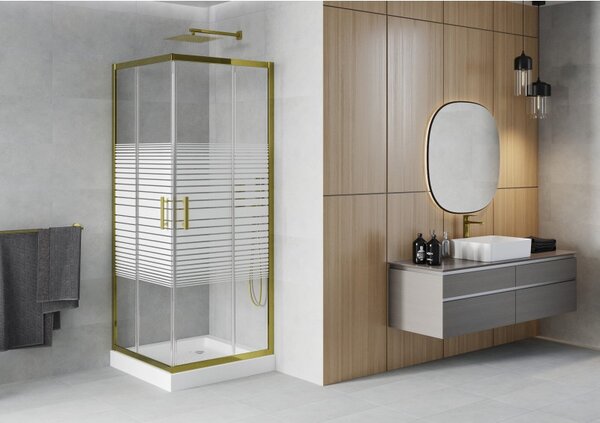 Mexen Rio, duș pătrat cu ușă glisantă 70(uşă) x 70(uşă) x 190 cm, sticlă transparentă 6mm cu benzi, profil auriu + cadă de duș albă RIO, 860-070-070-…