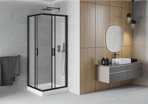 Mexen Rio, cabină de duș pătrată cu ușă glisantă 70(uşă) x 70(uşă) x 190 cm, sticlă mată 6mm, profil negru + cadă de duș albă RIO, 860-070-070-70-30-4510