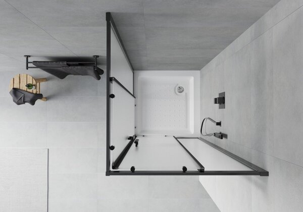 Mexen Rio, cabină de duș pătrată cu ușă glisantă 70(uşă) x 70(uşă) x 190 cm, sticlă mată 6mm, profil negru + cadă de duș albă RIO, 860-070-070-70-30-4510