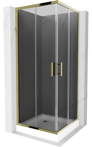 Mexen Rio, duș pătrat cu ușă glisantă 70(uşă) x 70(uşă) x 190 cm, sticlă gri 6mm, profil auriu + cadă de duș albă RIO, 860-070-070-50-40-4510