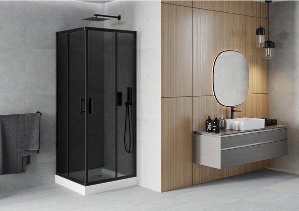 Mexen Rio, duș pătrat cu ușă glisantă 70(uşă) x 70(uşă) x 190 cm, sticlă gri 6mm, profil negru + cadă de duș albă RIO, 860-070-070-70-40-4510