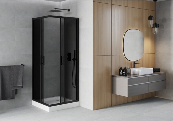 Mexen Rio, duș pătrat cu ușă glisantă 70(uşă) x 70(uşă) x 190 cm, sticlă gri 6mm, profil negru + cadă de duș albă RIO, 860-070-070-70-40-4510