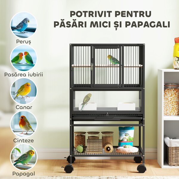 Pawhut Cușcă Metalică Rotile Acrilic Negru | Aosom Romania