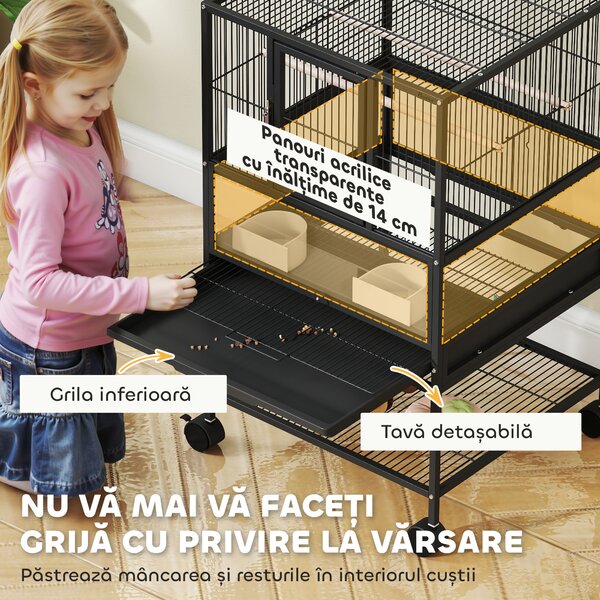 Pawhut Cușcă Metalică Rotile Acrilic Negru | Aosom Romania