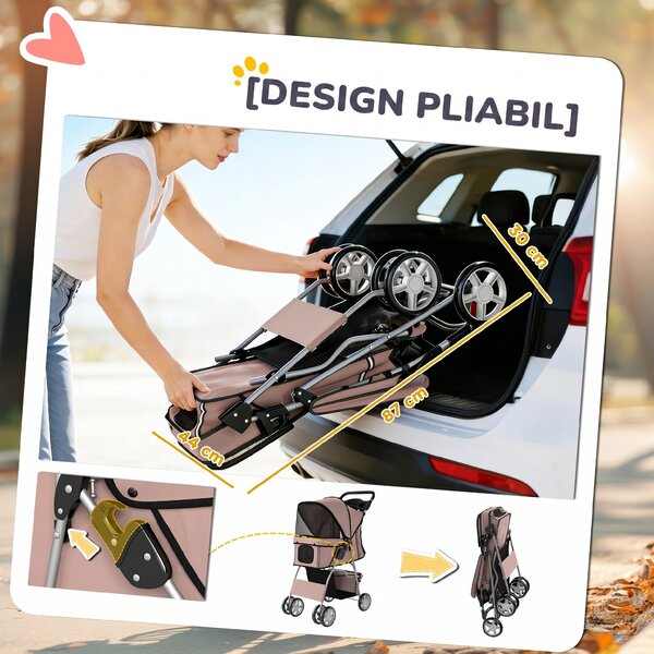 PawHut Carucior Animale Pliabil Cafeniu – 75×45×97 cm, Confort & Mobilitate | Aosom Romania