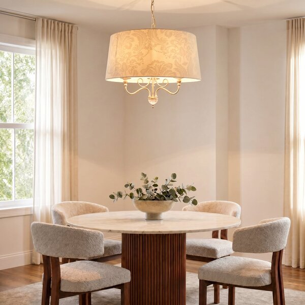 Jupiter Lampă suspendată Sofia Ecrie, bej/auriu, material textil, oțel, E27, reglabil, Bej, Camera de zi / sufragerie