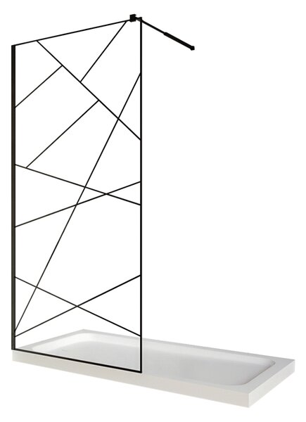 Perete dus / Paravan walk in, sticla cu model geometric 105, 6 mm, profil negru mat, tija extensibila 900 x 2000 mm