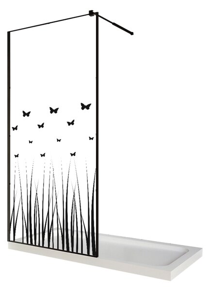 Perete dus / Paravan walk in, sticla cu model Butterfly 103, 6 mm, profil negru mat, tija extensibila 900 x 2000 mm