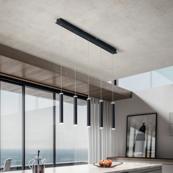 Fabas Luce LED pandantiv Prado, negru, 5 lumini, liniar, reglabil, reglabil, Negru, Camera de zi / sufragerie, Metal, Modern