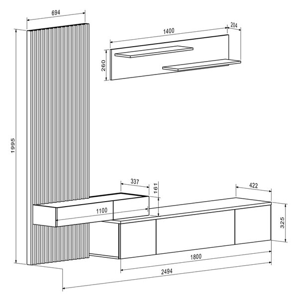 Comoda TV Litende Lux cu Riflaj, Diverse culori, 250x42x200 cm, 42x250 cm
