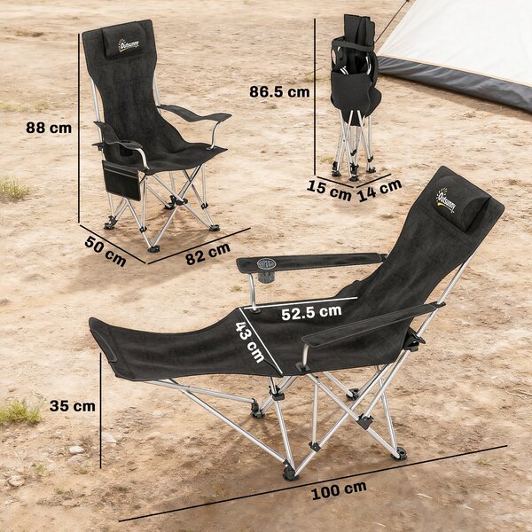 Outsunny Set de 2 Scaune de Camping Pliabile cu Suport pentru Picioare Detașabil, 82x100x88 cm, Negru | Aosom Romania