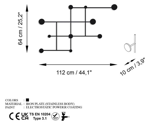 Cuier de perete metalic, 10x64x112 cm