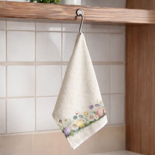 Prosop de bucatarie 45x65cm Paste, bumbac 100%, Egly cu flori de primavara si oua