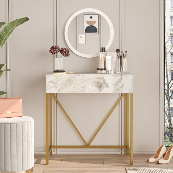 Masa toaleta cu oglinda VG33-GE, alb/auriu, PAL melaminat/metal, 72x40