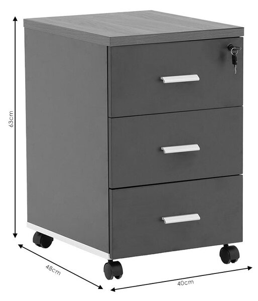 Corp mobil pe roti Oscar cu cheie, 3 sertare, nuc - antracit, 40x48x63 cm