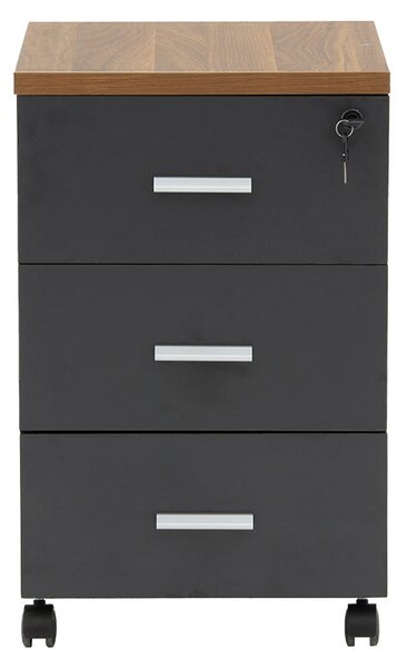 Corp mobil pe roti Oscar cu cheie, 3 sertare, nuc - antracit, 40x48x63 cm