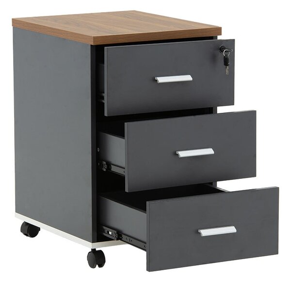 Corp mobil pe roti Oscar cu cheie, 3 sertare, nuc - antracit, 40x48x63 cm