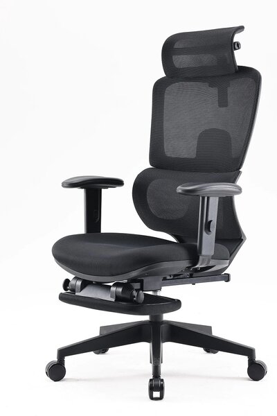 Scaun ergonomic SIHOO, spătar reglabil înălțime, suport lombar, tetieră reglabilă, mecanism înclinare/blocare în 3 poziții, suport picioare, pivotant, Mesh, Negru