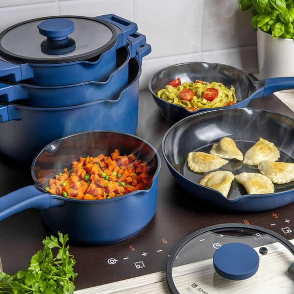 Tigaie wok cu capac 30cm, invelis Qualum Ceramic, Cobalt