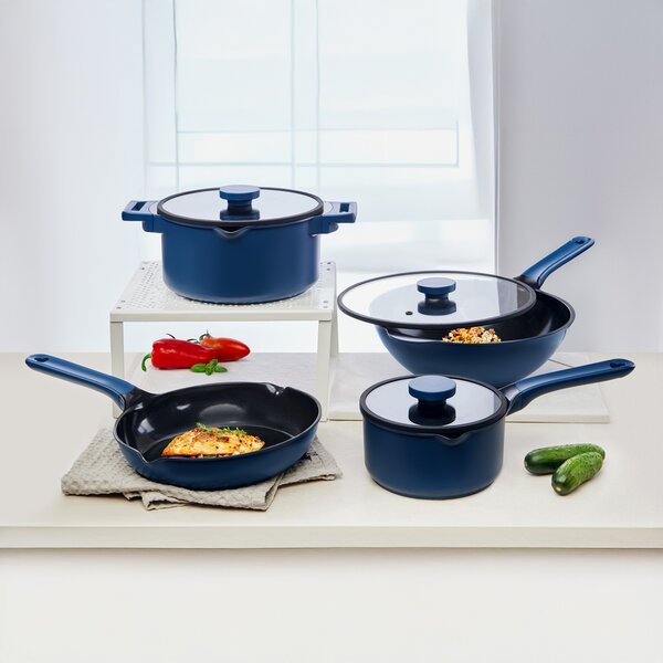 Tigaie wok cu capac 30cm, invelis Qualum Ceramic, Cobalt