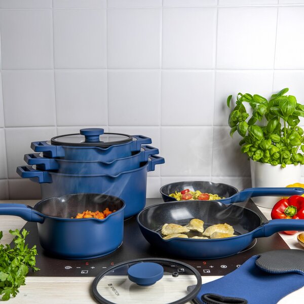 Tigaie wok cu capac 30cm, invelis Qualum Ceramic, Cobalt