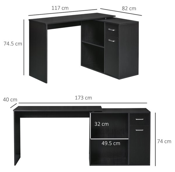 HOMCOM Birou de Colț pentru Studiu cu 2 Sertare și 2 Rafturi, Birou Modern din Lemn, 117x82x74 cm, Negru | Aosom Romania