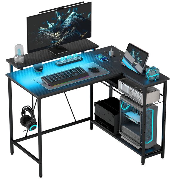 HOMCOM Birou de Gaming în Formă de L cu Lumini LED, Birou de Colț Reversibil cu Rafturi de Depozitare, 107x80x90 cm, Negru | Aosom Romania